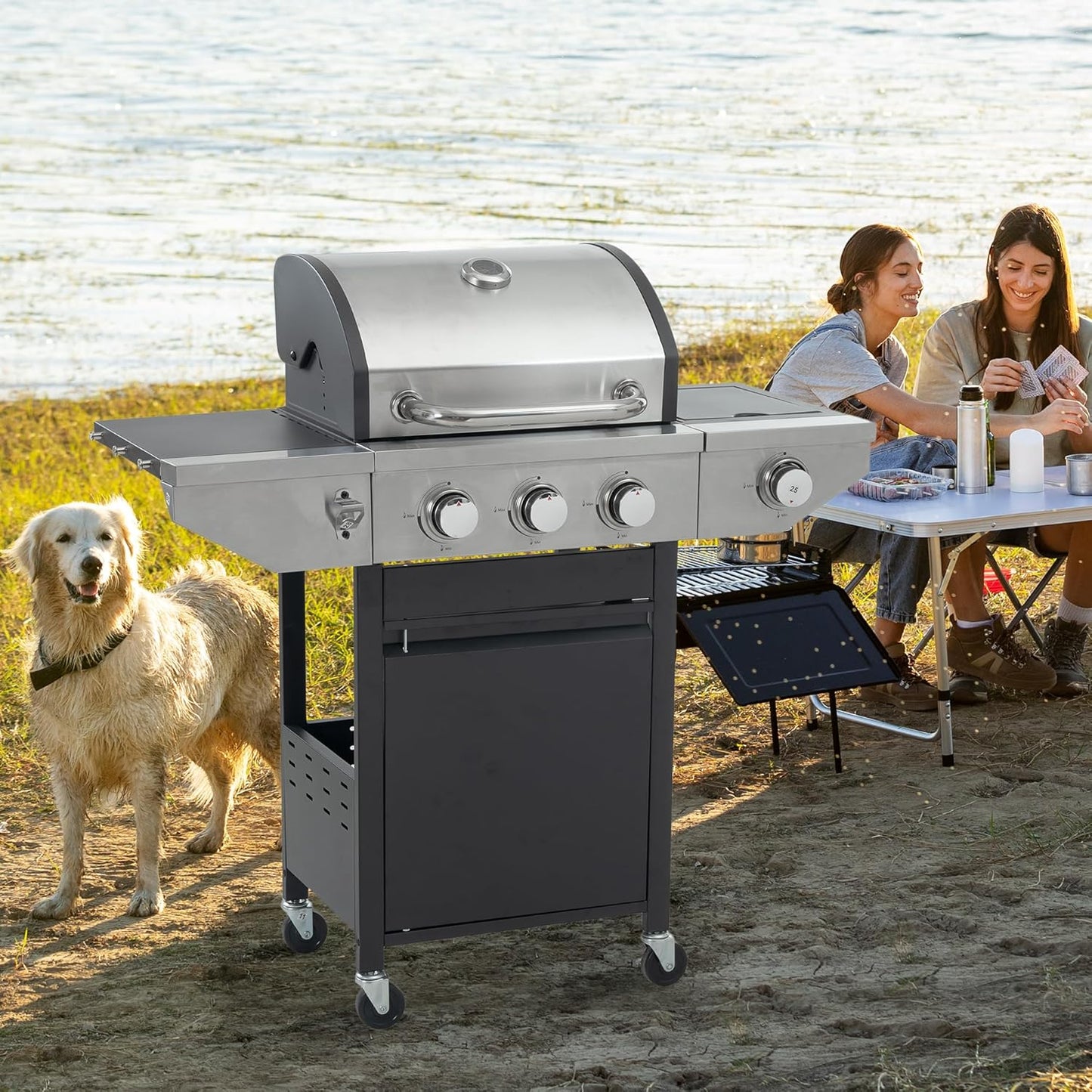 3-Burner Propane Gas Grill, 30,000 BTU Stainless Steel Outdoor BBQ Grill with Lid, Side Shelves & Wheels for Patio, Garden and Backyard Cooking