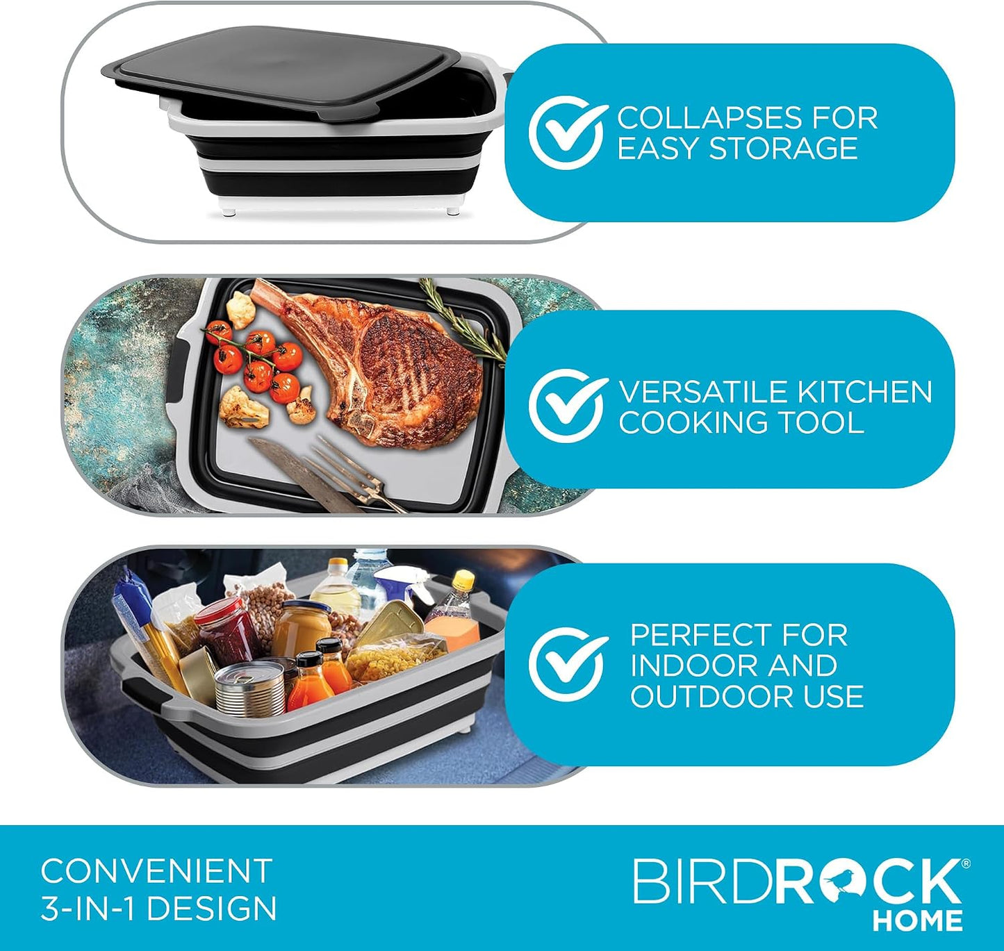 BIRDROCK HOME Collapsible Large BBQ Prep Tub w/Cutting Board, Multi-Function Grill Caddy w/Colander & Lid, Portable Silicone Dish Bowl for Picnic, Tailgate, Camping - Black