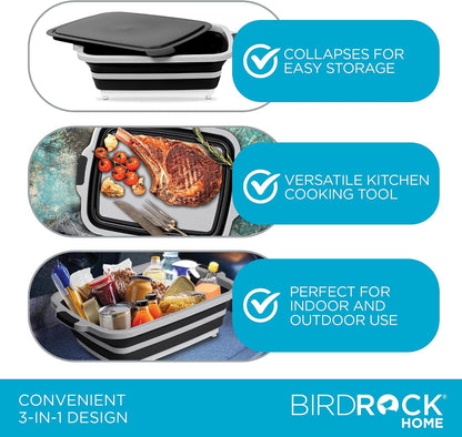 BIRDROCK HOME Collapsible Large BBQ Prep Tub w/Cutting Board, Multi-Function Grill Caddy w/Colander & Lid, Portable Silicone Dish Bowl for Picnic, Tailgate, Camping - Black