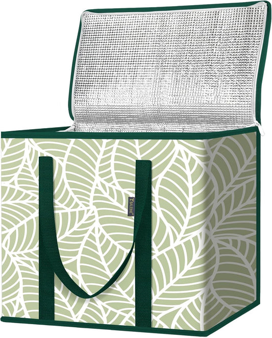 BALEINE 2Pk Insulated Reusable Grocery Bags, Collapsible Cooler Bag for Groceries, Heavy Duty Large Insulated Bag (16''x9''x13'', Antique Foliage)