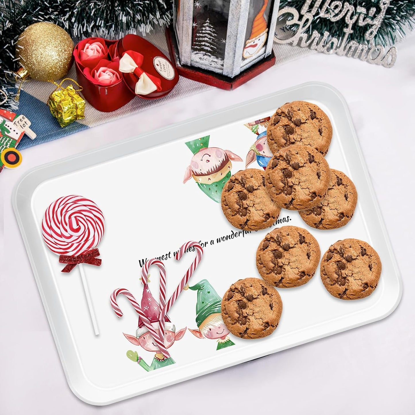 4-Piece 15 x 11 Inch Christmas Serving Tray Set, Reusable Melamine Platters with Cute Elf Cartoons, Holiday Party Trays for Snacks, Fruit, Desserts, and Candy, Rectangular Design