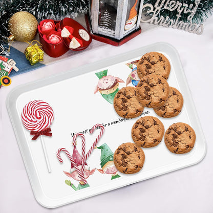 4-Piece 15 x 11 Inch Christmas Serving Tray Set, Reusable Melamine Platters with Cute Elf Cartoons, Holiday Party Trays for Snacks, Fruit, Desserts, and Candy, Rectangular Design