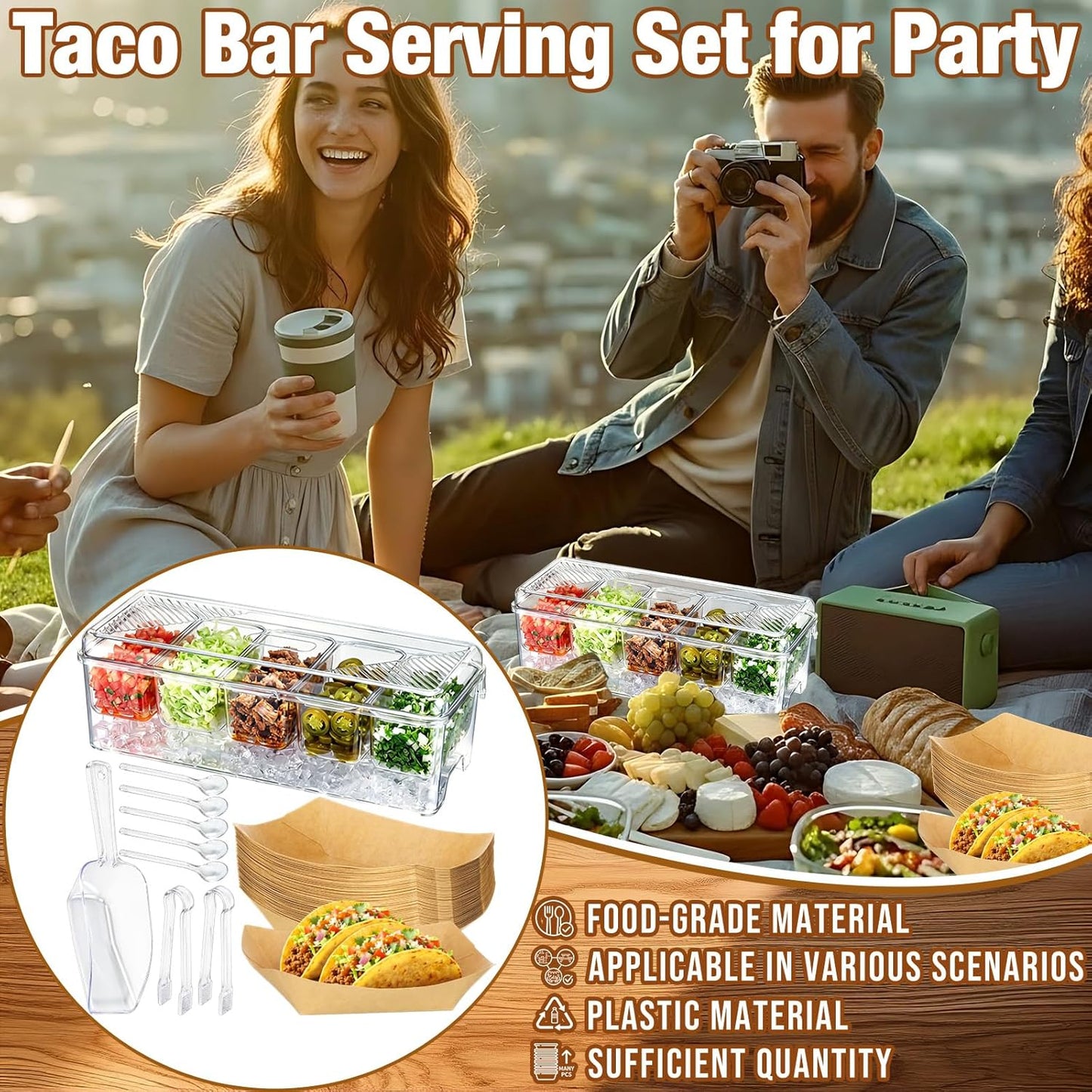 Sliner Taco Bar Serving Set for Party, Ice Chilled Condiment Caddy with 5 Containers, 50 Paper Food Trays, Scoop Spoons Clip, Fruit Salad Chilled Tray for Taco Mimosa Bar Party Beach Picnic Outdoor
