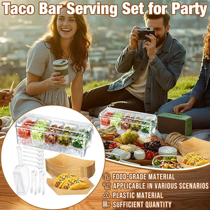 Sliner Taco Bar Serving Set for Party, Ice Chilled Condiment Caddy with 5 Containers, 50 Paper Food Trays, Scoop Spoons Clip, Fruit Salad Chilled Tray for Taco Mimosa Bar Party Beach Picnic Outdoor