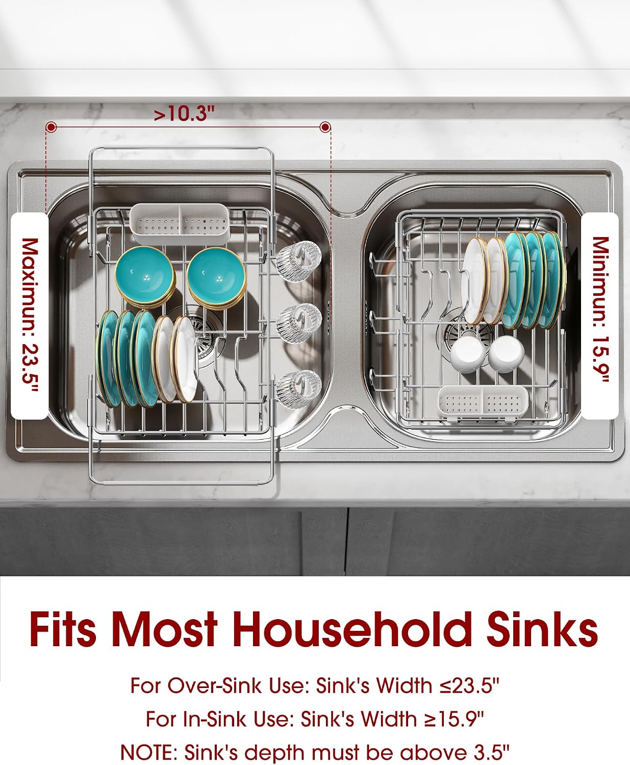 Sakugi Dish Drying Rack in Sink - Expandable Stainless Steel Dish Rack Over the Sink, Kitchen Sink Drain Strainer with Cutlery Holder & Cup Holders, 15.4 x 9.8 x 3.0 Inch, Black