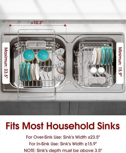 Sakugi Dish Drying Rack in Sink - Expandable Stainless Steel Dish Rack Over the Sink, Kitchen Sink Drain Strainer with Cutlery Holder & Cup Holders, 15.4 x 9.8 x 3.0 Inch, Black