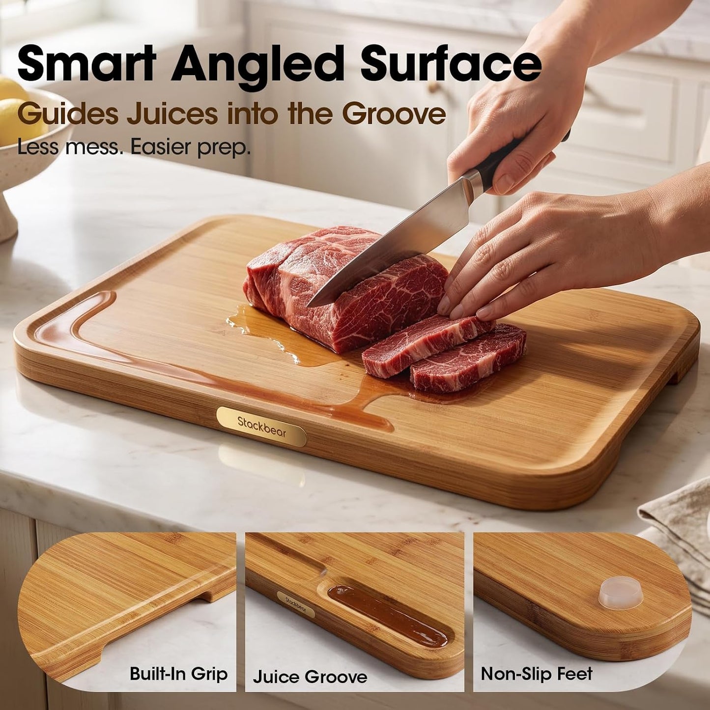 Starkbear Acacia Wood Cutting Board Set of 3 with Stand, Core-Cut Non Slip Wooden Chopping Block, Sloped Juice Groove Reversible Charcuterie Serving Tray for Modern Kitchen Gift
