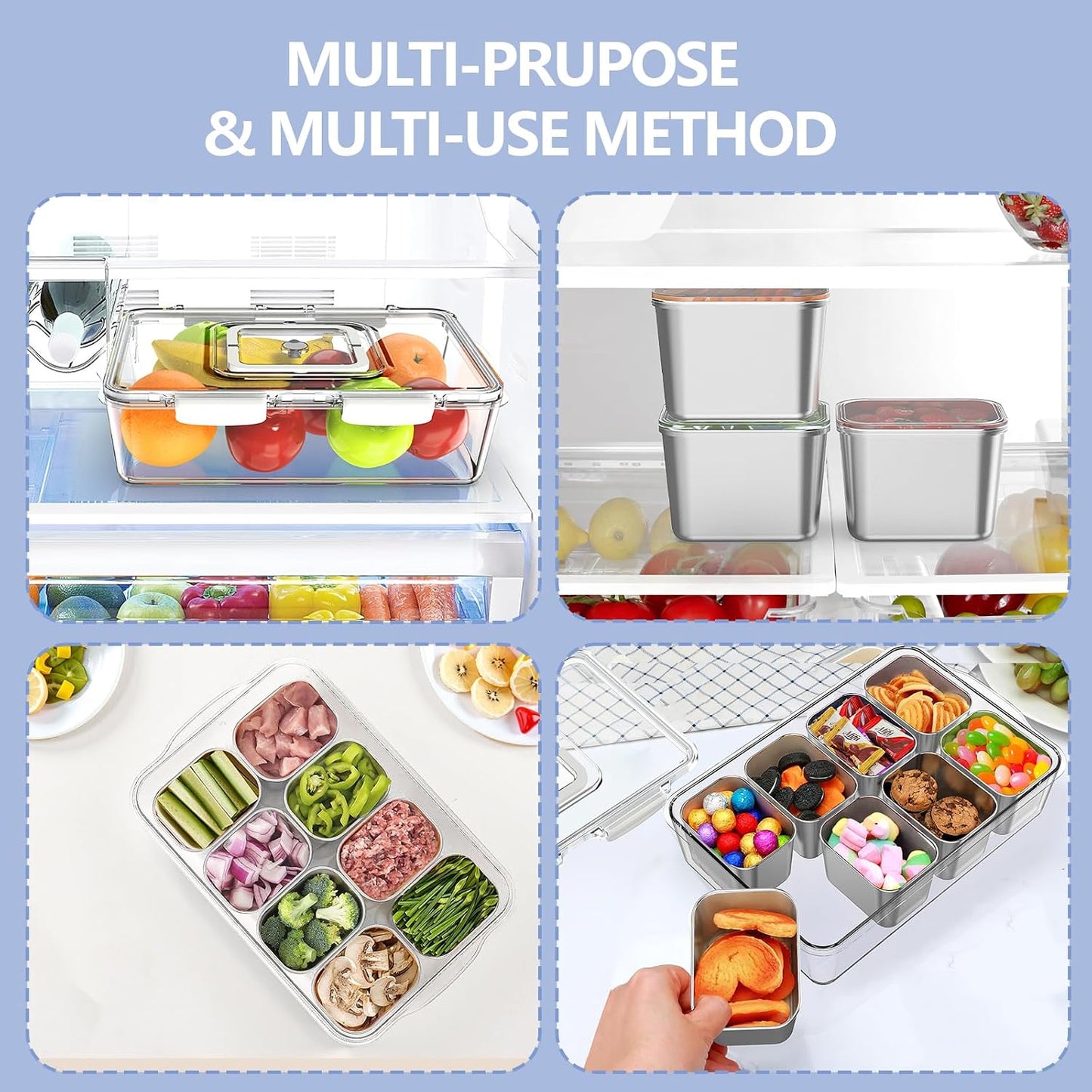 Snackle Box Container with 8 Removable Stainless Steel Containers – Clear Divided Serving Snack Tray with Lid & Handle – Leak-Proof for Wet/Dry Food – Perfect for Parties, Travel, Office