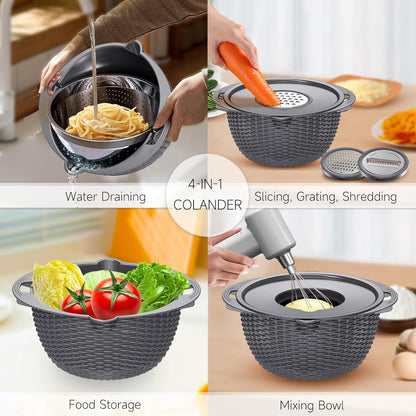4-1 Colander with Bowl & Spoons Set - Rotatable Colander for kitchen with New Upgraded Graters, Food Strainer(Patented) for Pasta, Fruits, Vegetables, Funny Presents for Women, Beige