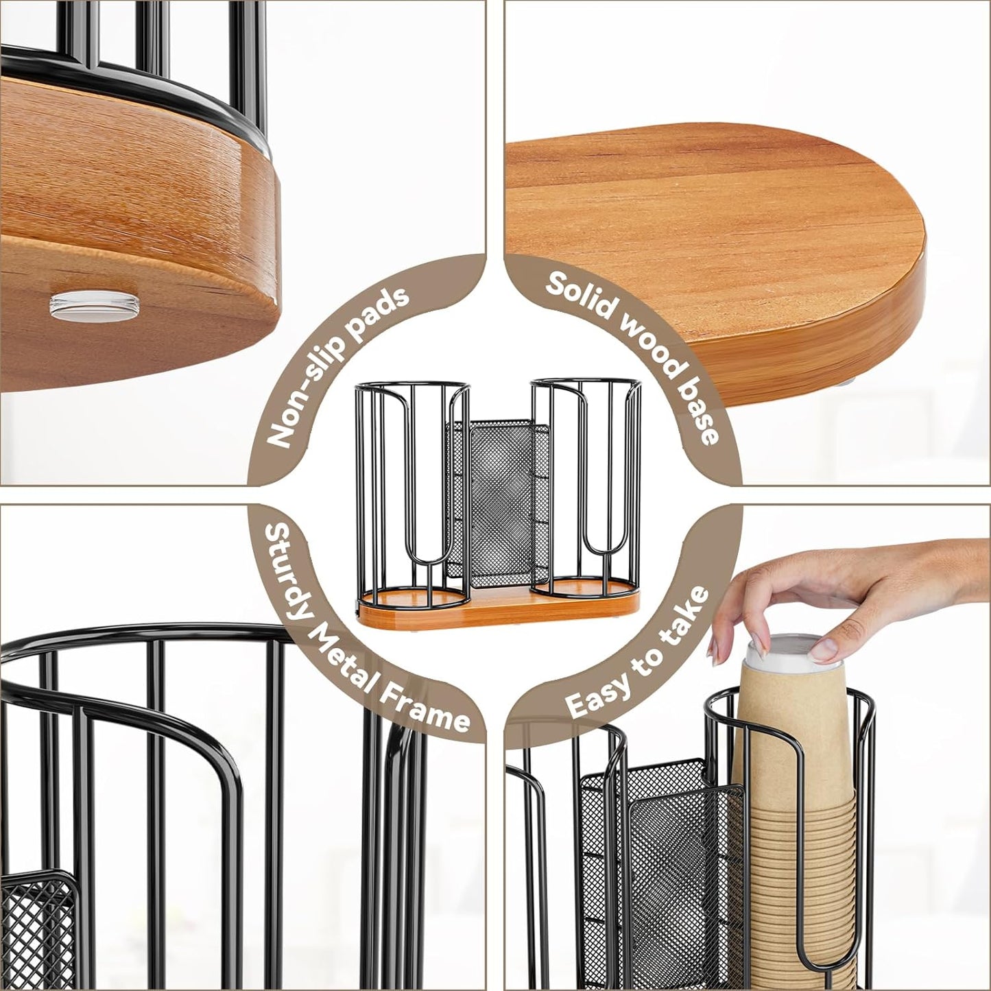 Coffee Cup and Lids Holder - Disposable Cups Straws Organizer with Wooden Base - Paper Plastic Cup Holder Dispenser Storage for Countertop Coffee Station Bar Restaurant Office Breakroom Shop Kitchen