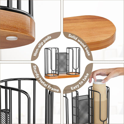 Coffee Cup and Lids Holder - Disposable Cups Straws Organizer with Wooden Base - Paper Plastic Cup Holder Dispenser Storage for Countertop Coffee Station Bar Restaurant Office Breakroom Shop Kitchen