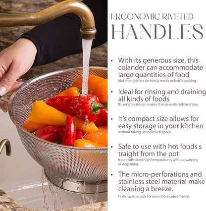 Bellemain 3 Qt Metal Colander with Handle | Pasta, Spaghetti, Berry, Fruit, Vegetable, Kitchen Food Strainer Basket | 18/8 Stainless Steel Colander Bowl | Pot Drainer for Cooking, Sifter Strainer