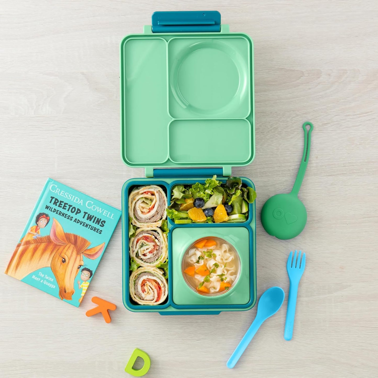Omie OmieBox Kids Utensils Set with Case - 2 Piece Plastic, Reusable Fork and Spoon Silverware with Pod for Kids (Mint Green)