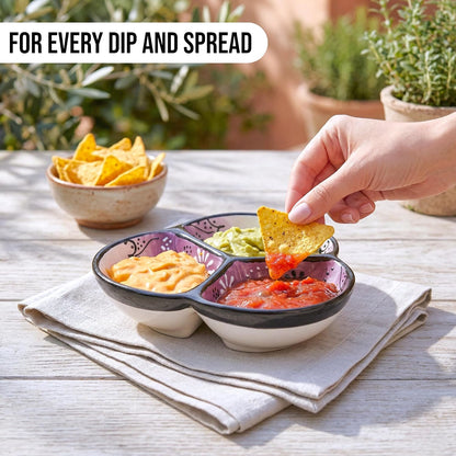 Ceramic Chip & Dip Bowl 7.5”, 3-Compartment Divided Serving Dish & Condiment Tray for Appetizers – Handmade in Spain, Lead-Free Glaze, Microwave, Oven & Dishwasher Safe