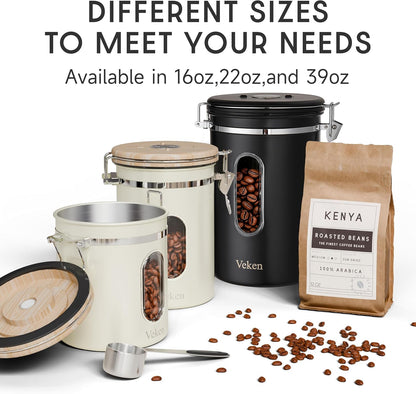 Veken Coffee Canister with Window, Family Choice Awards Winner, Airtight Stainless Steel Home Kitchen Food Storage Container with Lids for Grounds, Beans, Tea, Flour,Cereal,Sugar Jars,Scoop,16OZ,Black