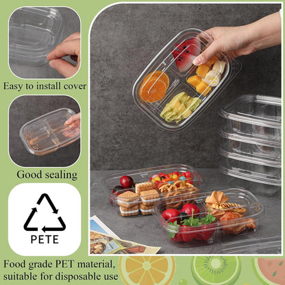 Chunful 36 Pcs 3 Compartment Transparent Snack Containers with Lids Disposable Bento Box Plastic Food Meal Prep Containers for Condiment Salad Dipping School Work Lunch