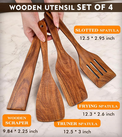 Wooden Spatula, Acacia Solid & Slotted Turner Spatula Set, Long Handle Flat Frying Spatulas, Ideal Kitchen Gift for Mother and Grandma, Kitchen Utensils Set for Cooking, Frying, Baking