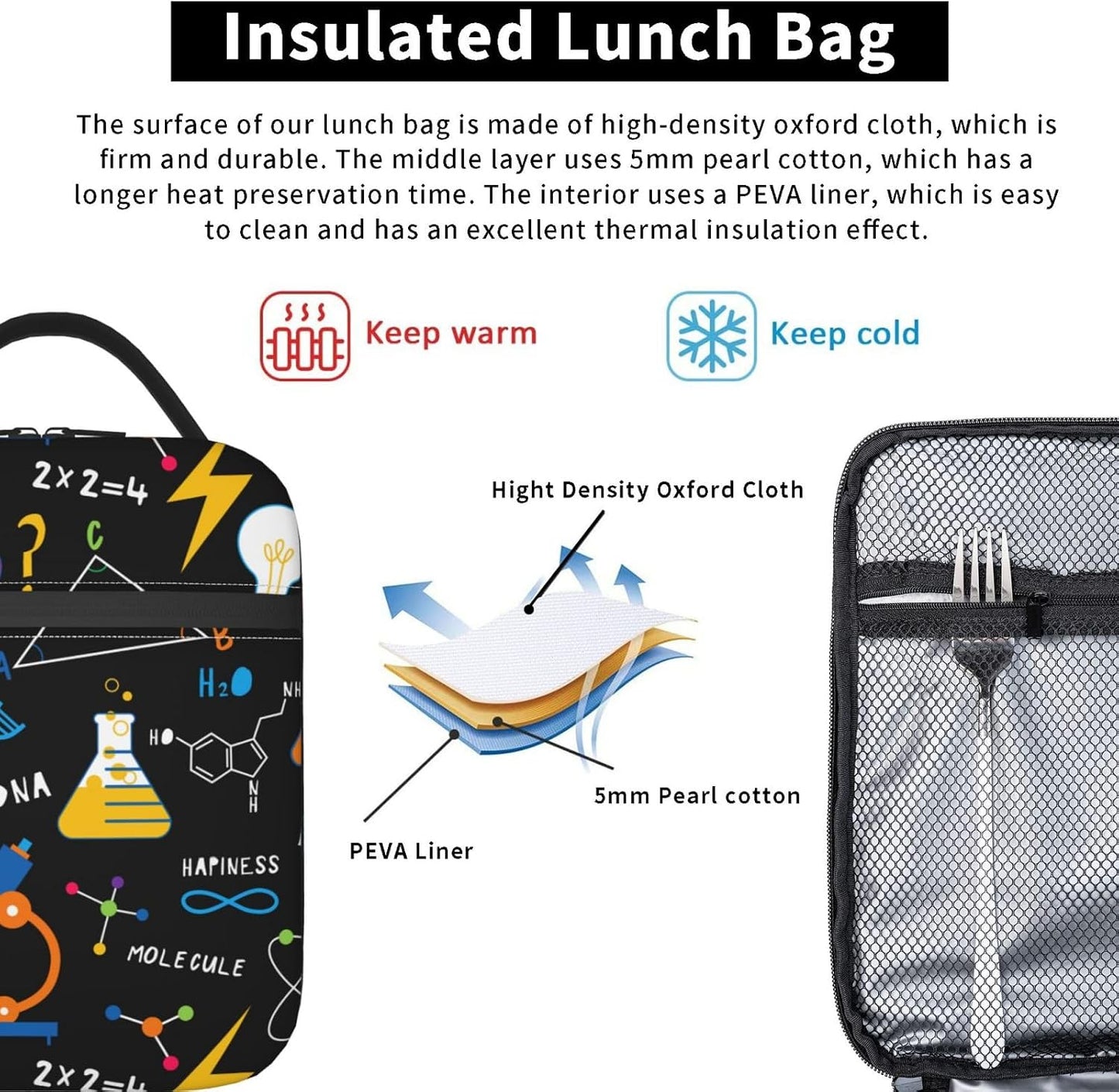 Black Cat Reusable Lunch Box Food Bag Insulated Lunch Bag for Teenage Boys Girls School Beach