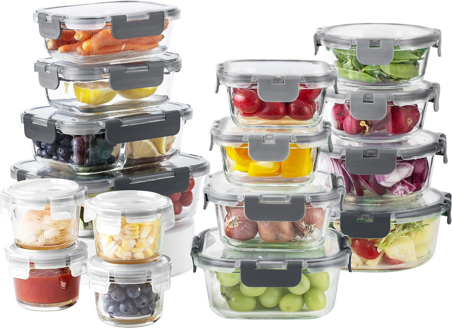COOK WITH COLOR Premium 32-Pc. Borosilicate Glass Food Container Set with Dividers - 4 Rectangles, 8 Rounds, 4 Squares - Leakproof Lids - Meal Prep, Storage, Grey