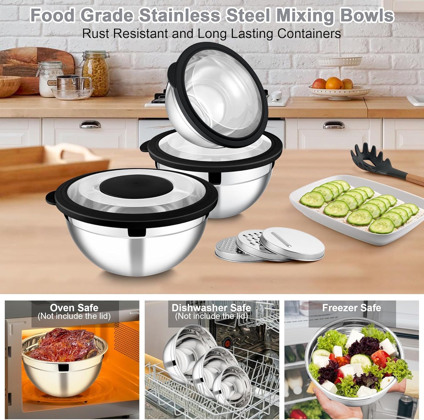 E-far Mixing Bowls Set of 5, Stainless Steel Salad Mixing Bowl with Transparent Lid, Metal Nesting Bowl Attach with 3 Graters for Kitchen Prepping/Serving/Baking/Storage, 4.6/2.6/1.5/1/0.7 QT - Black