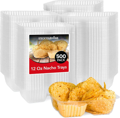 12oz Plastic Nacho Trays (100 Pack) Small Disposable Tray for Nachos & Cheese Dip, Concession Stand Supplies, Movie Night Snacks for Kids, Carnival Party Decorations, Food Boats, Snack Containers…