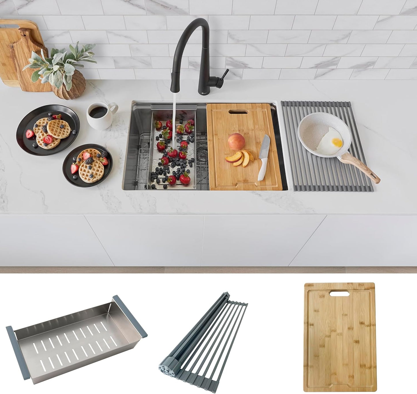STYLISH Wotkstation Kitchen Sink Accessories Kit Included Stainless Steel Colander Over The Sink Drying Rack and Cutting Board, A-919KIT