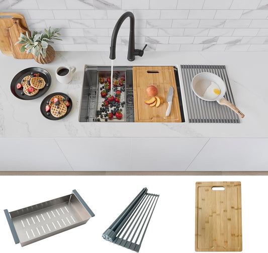 STYLISH Wotkstation Kitchen Sink Accessories Kit Included Stainless Steel Colander Over The Sink Drying Rack and Cutting Board, A-919KIT
