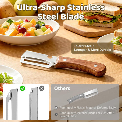 Left & Right Hand Vegetable Peeler Set with Scallion Slicer & Bottle Opener, Heavy-Duty Thick Stainless Steel Blade, Multi-Function Kitchen Peeler with Wooden Handle for Fruits & Vegetables(New 2pcs)