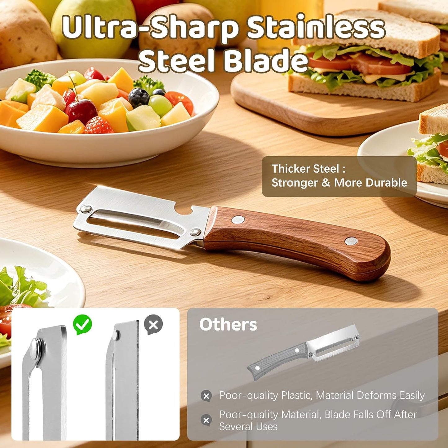 Left & Right Hand Vegetable Peeler Set with Scallion Slicer & Bottle Opener, Heavy-Duty Thick Stainless Steel Blade, Multi-Function Kitchen Peeler with Wooden Handle for Fruits & Vegetables(New 2pcs)