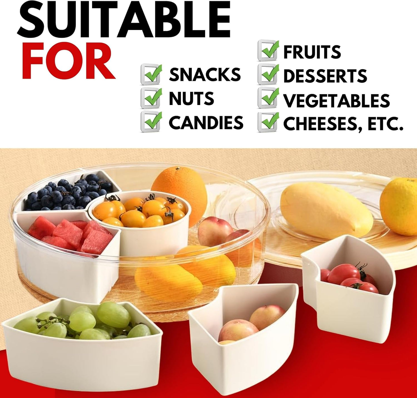 12" Divided Rotating Serving Tray with Lid and Handle — Clear Snack Spinner Organizer and Storage 12 Inch Portable Snackle Box for Fruits Snacks Veggie Charcuterie with 6 Compartments