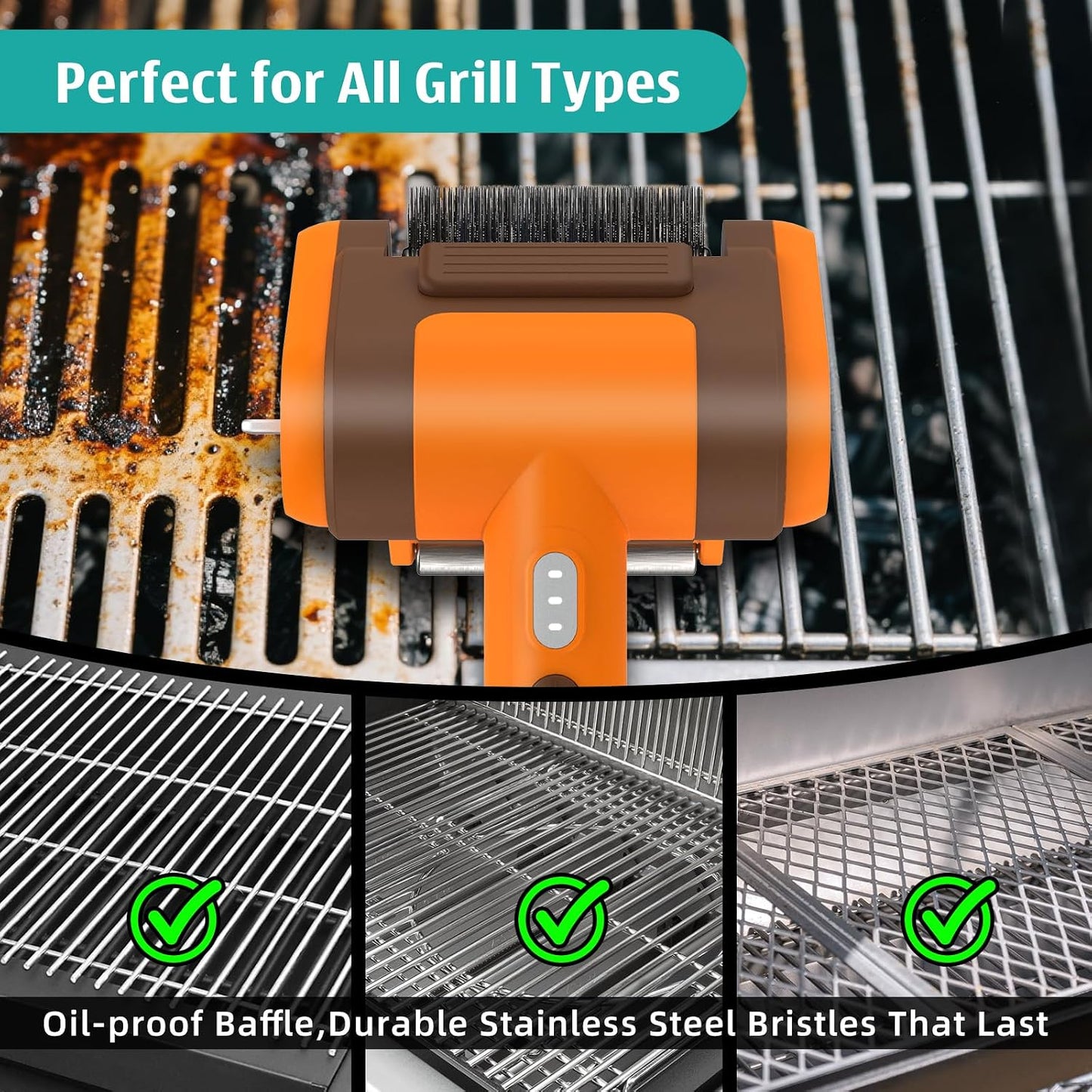 Electric Rechargeable Grill Brush,Grill Cleaner for Outdoor Grill with 800 RPM Motor - Bristle-Free Stainless Steel Grill Cleaner with LED Light for BBQ, Heavy Duty Grill Cleaning Tool (Champagne)