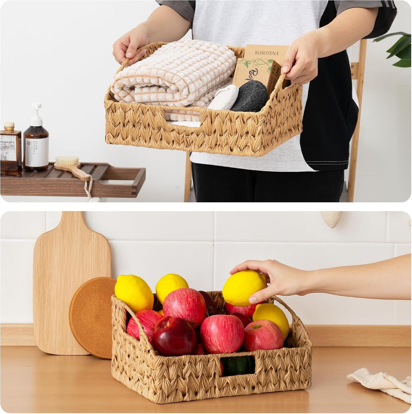 GRANNY SAYS Wicker Storage Baskets for Shelves, Trapezoid Woven Basket with Handles, Storage Wicker Baskets for Pantry, Water Hyacinth, 2-Pack