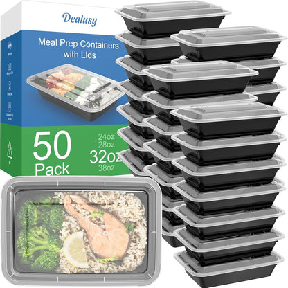 Dealusy 50 Pack (100-Piece) 24 oz Meal Prep Containers Reusable with Lids, Sturdy Leakproof & Food Safe, Microwave, Freezer, Dishwasher Safe Prep Containers, To Go Take Out Plastic Food Storage