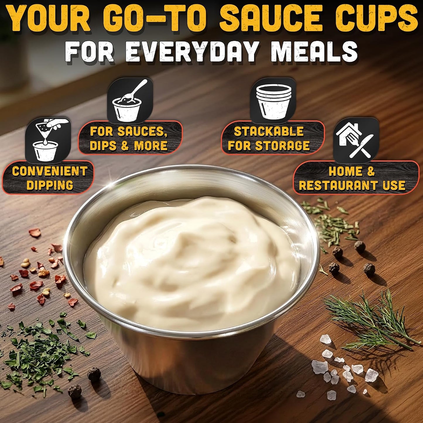 12 Pcs Reusable Dipping Sauce Cups - 2.5 Oz Stainless Steel Stackable Condiment Cups, Sauce Ramekins 2.3" Diameter - Metal Ramekins for Sushi, Wings, Charcuterie, Tasting Plates, Meal Prep & Sauces