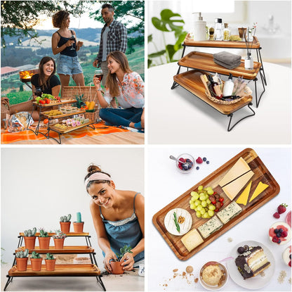 3 Tier Cupcake Stand and Towers Large Serving Tray for Party Acacia Wooden Dessert Table Display Set Decorative Tray Tiered Tray Decor Small Chees Charcuterie Boards Rustic Wood Serving Platters Trays