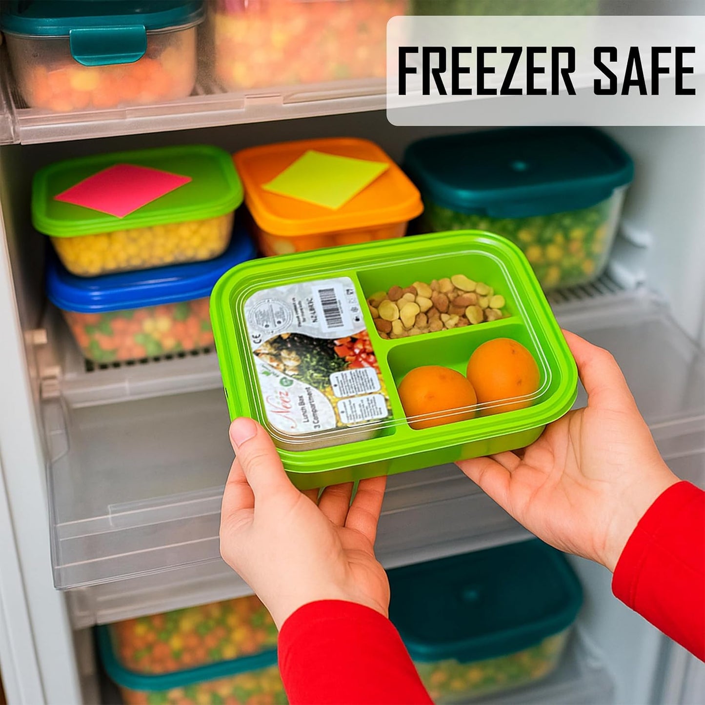 Neez 2-Pack Reusable Bento Box Lunch Containers- 3 Compartment Divided Lunch Organizer, Meal Prep Lunch Box with Lids, Microwave Safe & Sectioned Food Containers(48oz Green & Purple)