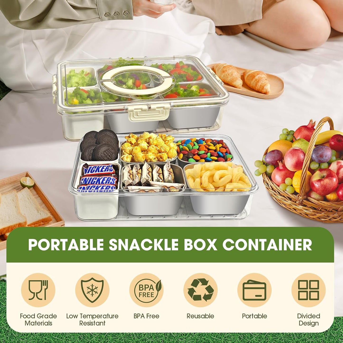 WanshengLe 6 in 1 Snackle Box 3.82L with Lid & Handle, 4 PCS Stainless Steel Snack Box and 2 PCS Plastic Box, 6 Detachable & Dishwasher Safe Snacklebox, Divided Container Box for Snack Fruit Nut