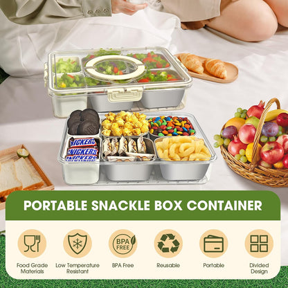 WanshengLe 6 in 1 Snackle Box 3.82L with Lid & Handle, 4 PCS Stainless Steel Snack Box and 2 PCS Plastic Box, 6 Detachable & Dishwasher Safe Snacklebox, Divided Container Box for Snack Fruit Nut