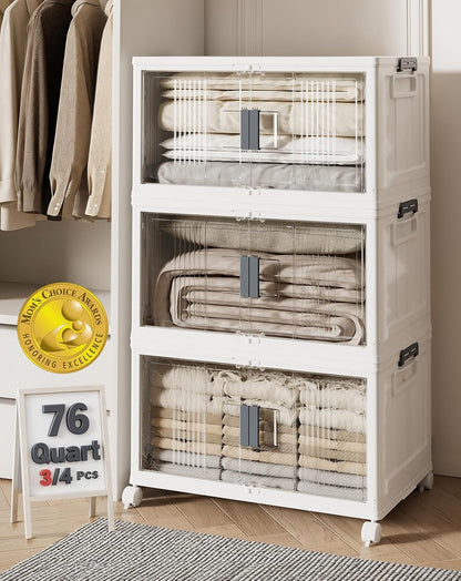 OlarHike 76QT Lockable Storage Bins with Lids - Folding Storage Box with Doors & Wheels, Collapsible Drawers for Home, Dorm, Closets, Office, School, College, Stackable Containers, 4 Pack Cubes