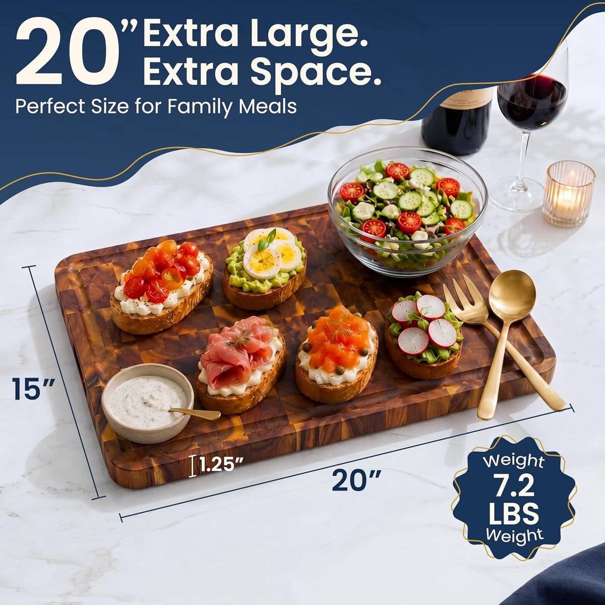 HOMESTEAD End Grain Acacia Wood Cutting Board 23x18x1.5, Reversible Butcher Block Board for Kitchen with Deep Juice Groove, Handles, Knife-Friendly Surface for Meat Chopping and Charcuterie Serving