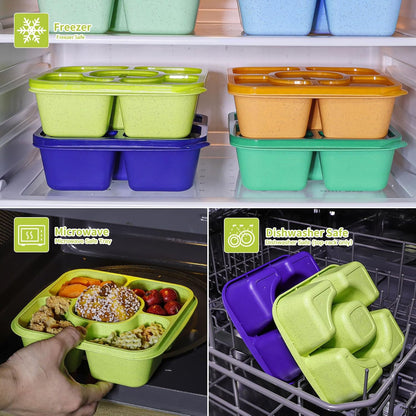 Original Lunchable Snack Containers - 5 Compartments Bento Snack Boxes with 1 Leakproof Small Containers, Wheat Straw, BPA-Free, Set of 2 (Bule+Pink)