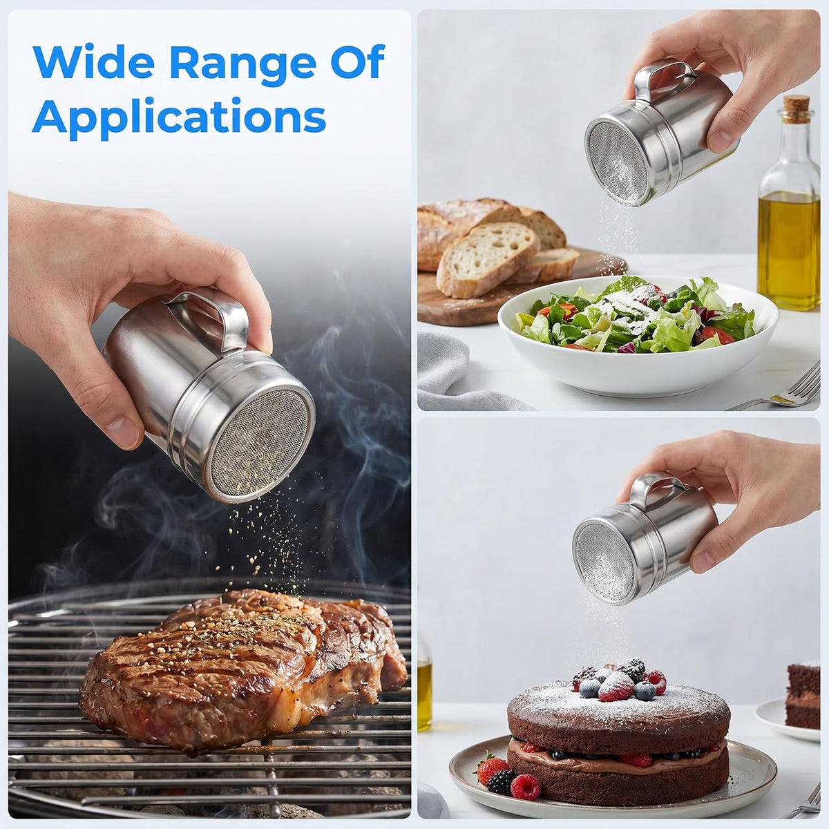 4 Pack Stainless Steel Salt and Pepper Shakers, 10 oz Dredge Shakers with Lid and Handle, Spice Seasoning Condiment Dispenser for Salt Powder Sugar Flour, Fits Cooking Kitchen Baking