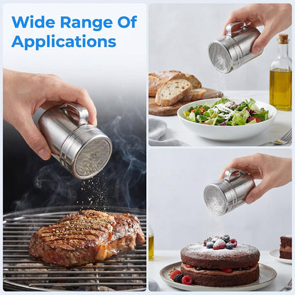 4 Pack Stainless Steel Salt and Pepper Shakers, 10 oz Dredge Shakers with Lid and Handle, Spice Seasoning Condiment Dispenser for Salt Powder Sugar Flour, Fits Cooking Kitchen Baking