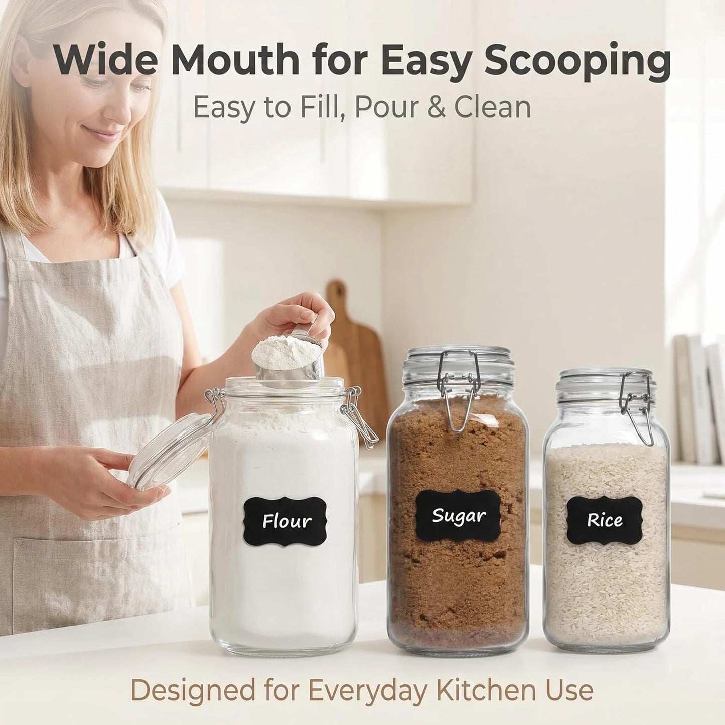 78oz Large Square Airtight Glass Jars with Lids, Wide Mouth Food Storage Canisters, Hold 4lb Sugar or 5lb Rice, Heavy Duty Pantry Containers for Flour, Coffee, Bulk Storage