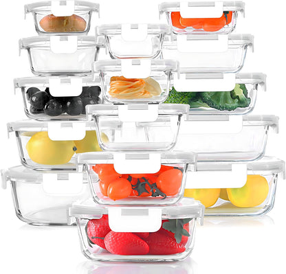 30 Pieces Glass Food Storage Containers, Meal Prep Set with Snap Locking Lids, Airtight lunch Containers, BPA-Free, Microwave, Oven, Freezer & Dishwasher Friendly,Blue