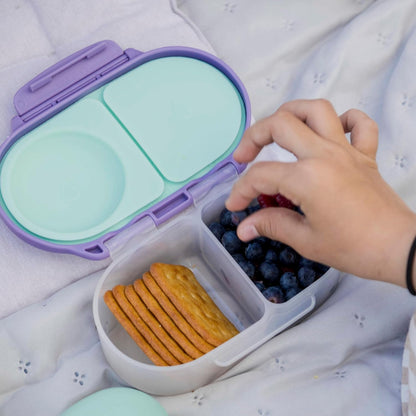 b.box Snack Box 2-Pack - Leak Proof Mini Bento Box for Kids & Toddlers, 2 Compartment Snack Containers for Kids, Dishwasher Safe, BPA-Free, PFAS-Free, Ages 4mo+, 1 3/4 Cup Each (Strawberry + Lilac)