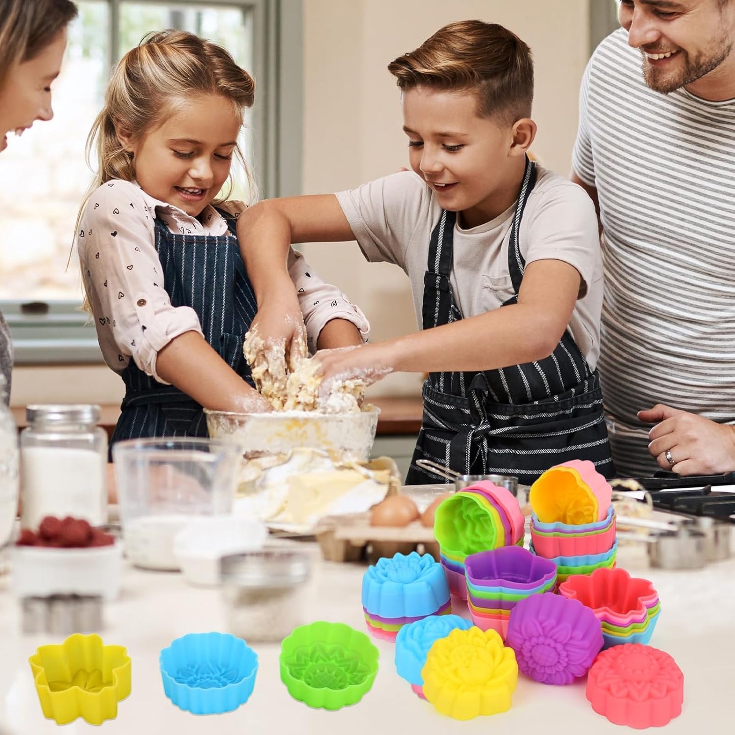 42pcs Reusable Silicone Baking Cups, 7 Styles Flower Shaped Silicone Molds Non-Stick Mini Cupcake Cases & Muffin Liners for Baking Jello Candy Soap Making (Multi-Color)