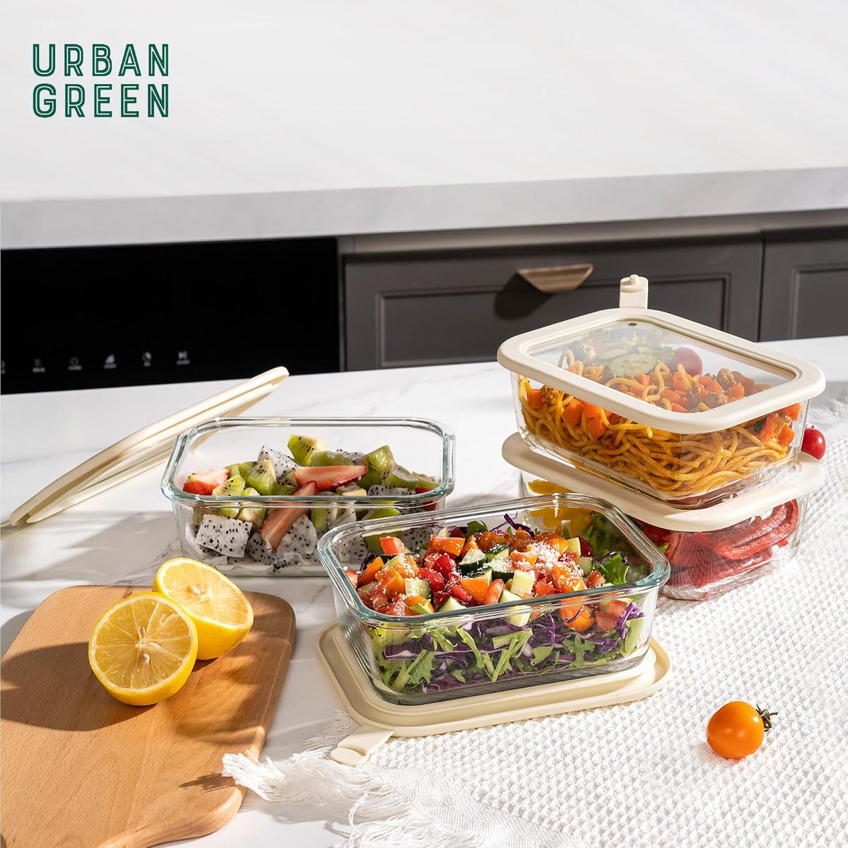 Urban Green Glass Food Storage Containers with Glass Lids, Microwave Safe Food Container Set, Aitight Meal Prep Container Set, LeakProof, 100% Plastic Free, 6 Pack