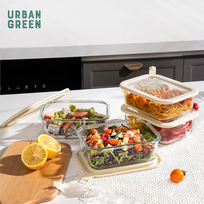 Urban Green Glass Food Storage Containers with Glass Lids, Microwave Safe Food Container Set, Aitight Meal Prep Container Set, LeakProof, 100% Plastic Free, 6 Pack