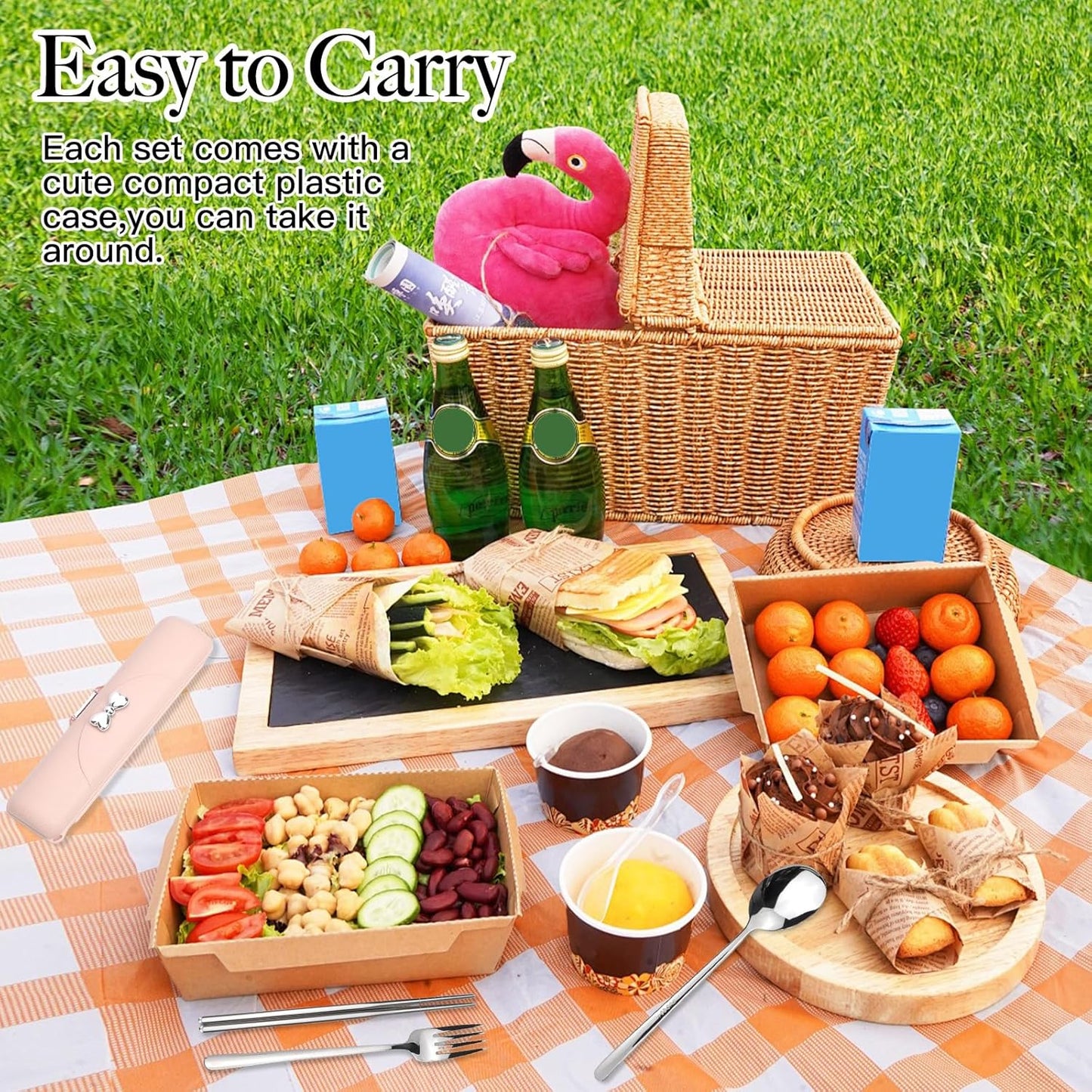 Travel Utensils with Case, Reusable Silverware Set for Lunch Box，Portable Cute Cutlery Set Adult, 18/8 Stainless Steel Spoon Fork Chopsticks for Work, Camping, Picnic, Dishwasher Safe（Pink）